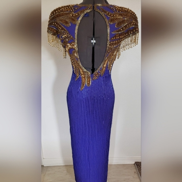 Vintage Indigo and gold beaded applique gown - Picture 5 of 9